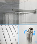 Wall Mounted Square Shower System with Adjustable Flow featuring stainless steel rain shower head and rotating control valve.