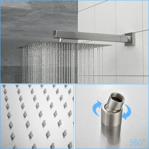 Wall Mounted Square Shower System with Adjustable Flow featuring stainless steel rain shower head and rotating control valve.