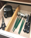 Premium Expandable Bamboo Drawer Dividers Six Pack Keep Your Drawers Snazzy And Completely Hassle Free For Kitchen Utensils Bedroom Closets And Office Desks Across 16 To 22 Inch Interior Widths in a drawer organizing utensils.
