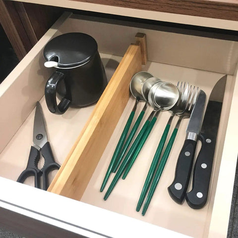 Premium Expandable Bamboo Drawer Dividers Six Pack Keep Your Drawers Snazzy And Completely Hassle Free For Kitchen Utensils Bedroom Closets And Office Desks Across 16 To 22 Inch Interior Widths in a drawer organizing utensils.