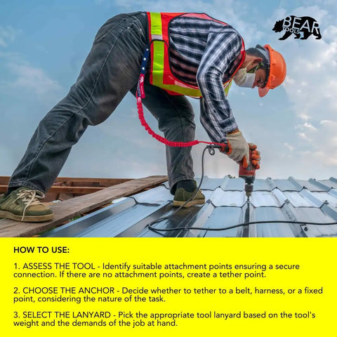 Worker using USA Flag Safety Lanyard Tether 3 Foot Heavy Duty Scaffold Strap Drop Proof Stop The Drops 8 Kg Max Load For Construction Sites
