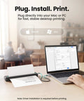 Super Slick Portable Wireless Thermal Printer Zero Hassle 300 Dpi Resolution Prints On Phones And Laptops Big Time Travel Essential For Quick Documents Anywhere In Matte Black Layout on desk with laptop.