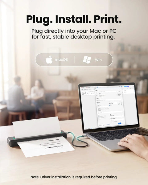 Super Slick Portable Wireless Thermal Printer Zero Hassle 300 Dpi Resolution Prints On Phones And Laptops Big Time Travel Essential For Quick Documents Anywhere In Matte Black Layout on desk with laptop.
