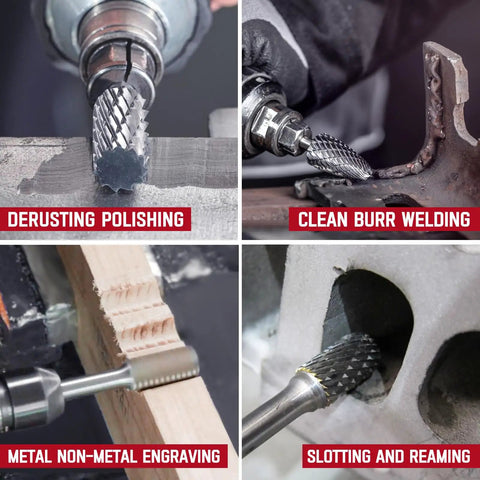 Workhorse Tungsten Carbide Rotary Burr Set Featuring Ten Double Cut Die Grinder Bits Plus Three Metal Cutting Wheels for heavy duty grinding tasks.