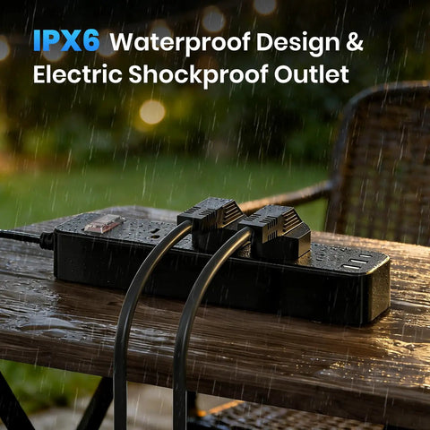 IPX6 Weatherproof Outdoor Power Strip With 3 Wide Outlets And 3 USB Ports, 6 Ft Cord, shown in rainy patio setting