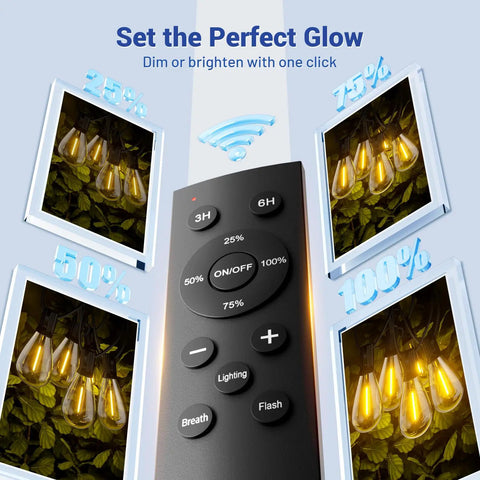 Remote control for 100 Ft LED Outdoor String Lights with dimming options, showing different brightness levels and bulb images