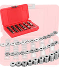 Deadly Precise And Rock Solid 36 Piece Steel Spacer Block Set With Badass Plus Zero Point Zero Zero Zero One Inch Calibration For Real Mechanics Sorting Tight Tolerance Jobs in red case with shim blocks.
