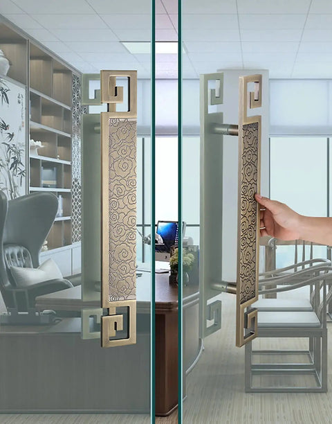 Door Pull Handle Two Sided Stainless Steel Push Pull Door Handle For Interior And Exterior Barn Style Doors, Antique Wood Rectangle Handle In Bronze Finish installed on glass office doors.