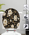 Round Peonies roses Floral vintage seamless Gold white flowers Toilet Seat displayed on toilet, showing black backdrop and metal linkage.