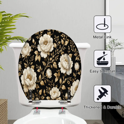 Round Peonies roses Floral vintage seamless Gold white flowers Toilet Seat displayed on toilet, showing black backdrop and metal linkage.