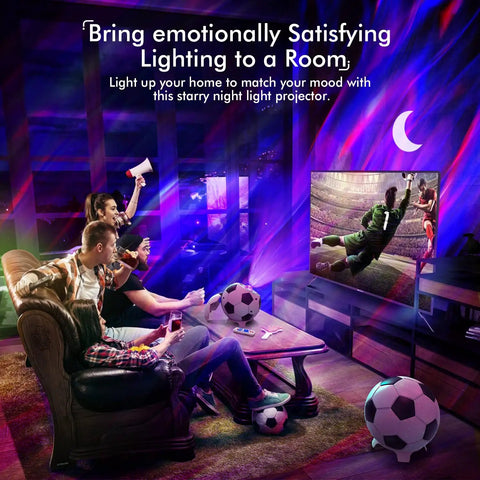 Galaxy Star Projector Night Light 4 In 1 With Bluetooth Speaker White Noise And App Control Aurora Sky Nebula Colorful Stars Moon Ceiling Projection For Bedroom Game Room And Adult Chill Vibe Decor in a room with people watching a soccer game.