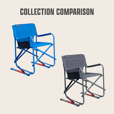 Blue and gray Pro Rocker Camp Chair With Zero Gravity Rocking System Easy Fold Padded Armrests Leaf Spring Comfort for Outdoors