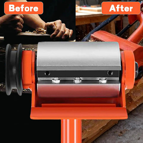 Log Peeler Debarker Attachment For Chainsaws Easy Firewood Prep Tool showing before and after use on timber