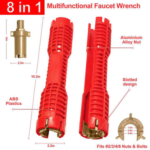 8 In 1 Faucet And Sink Installer Wrench For Plumbing Repairs with 10.3in red ABS plastic handle and aluminum inserts