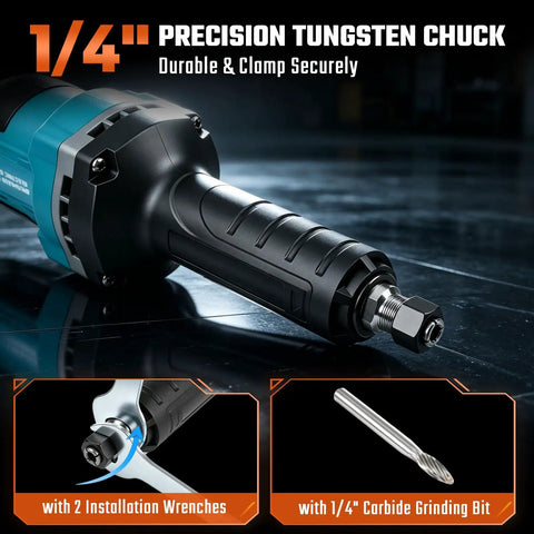 Heavy Duty Cordless Die Grinder With Two 21V Batteries Badass Powerhouse For Metal Grinding Wood Carving Variable Speed Quick Change Chuck with 1/4" chuck and accessories.