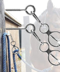 Heavy Duty Stainless Steel Horse Tie Ring Set with Eye Bolt and Quick Snap in use, attached to stable post with horse tied.