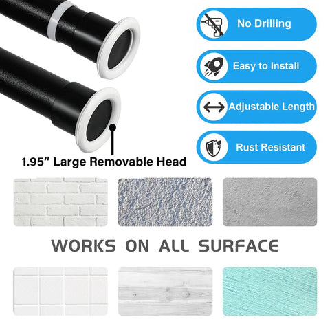 Heavy Duty Tension Curtain Rod 43 To 162 Inches No Drilling Adjustable 1.26 Inch Diameter For Large Curtains In Windows Doors Bathrooms And Outdoor Spaces Black, showing removable head and compatible surfaces