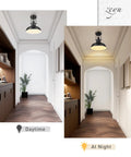 11 Inch Semi Flush Mount Ceiling Light With Industrial Vibe Matte Black Exterior And White Interior in hallway, daytime and night view