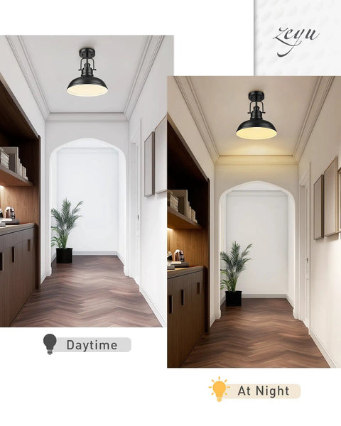 11 Inch Semi Flush Mount Ceiling Light With Industrial Vibe Matte Black Exterior And White Interior in hallway, daytime and night view