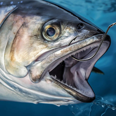Close-up of fish with Saltwater Circle Hooks 2X Strong Offset Point High Carbon Steel Octopus Catfish Fishing Hooks Set in mouth