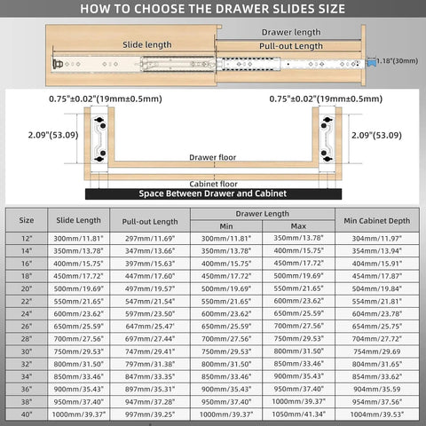 Diagram for choosing drawer slide size including measurements and instructions for Beefy Heavy Duty Drawer Slides With Lock 32 Inch Full Extension.
