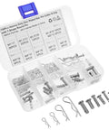 Assorted Safety Cotter Pin Kit 100 Pcs For Quick Install And Easy Removal Carbon Steel Silver Pins Includes Variety Of Pin Types For Auto Hitch Clips Heavy Duty And Rust Resistant Outdoor Ready, plastic organizer with assorted silver pins