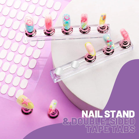 All-In-One Nail Art Tools Kit With 23 Pcs Brushes 5 Dotting Tools 2 Magnetic Nail Stands and 100 Double-Sided Adhesive Tabs displayed