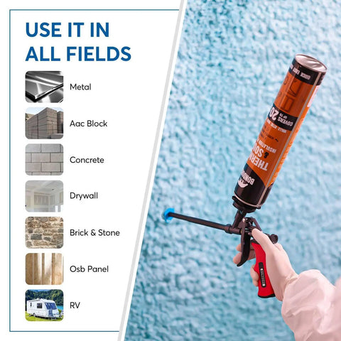 Pro Spray Foam Gun With PTFE Coated Chamber And Adjustable Flow Dial For Slick Use, applying foam to textured surface.