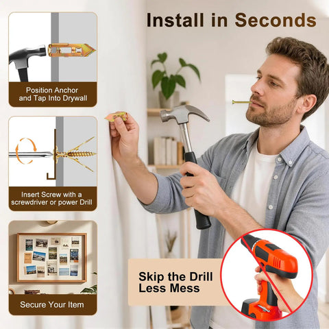 User demonstrating installation with 140 Piece Heavy Duty Metal Drywall Anchors And Screws Kit Featuring Foolproof Drill Free Installation.