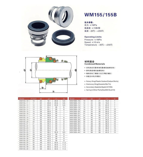 Upgrade Your Pump With This Tough Sic-Sic-Fkm Mechanical Shaft Seal Series 155 for 28mm Routines, showing dimensions and materials.