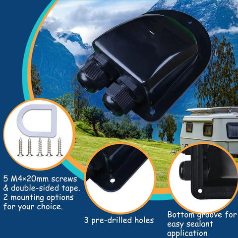 Waterproof Solar Cable Entry Gland With Leak Proof Rubber Gaskets for RV Install, shown with screws and gaskets.