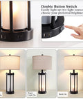 Set Of 2 Modern Table Lamps With USB Ports And Nightlight, Black Finish And White Frosted Glass, double button switch detail