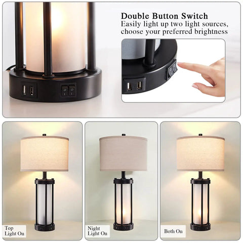 Set Of 2 Modern Table Lamps With USB Ports And Nightlight, Black Finish And White Frosted Glass, double button switch detail