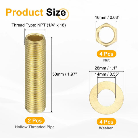 Size dimensions of components in Two Pack Brass Lamp Repair Hardware Kit With 1.97 Inch Brass Pipes Lock Nuts Washers Quarter Inch NPT Thread Nipples Fasteners For Lamp Assembly And DIY Projects Gold Tone