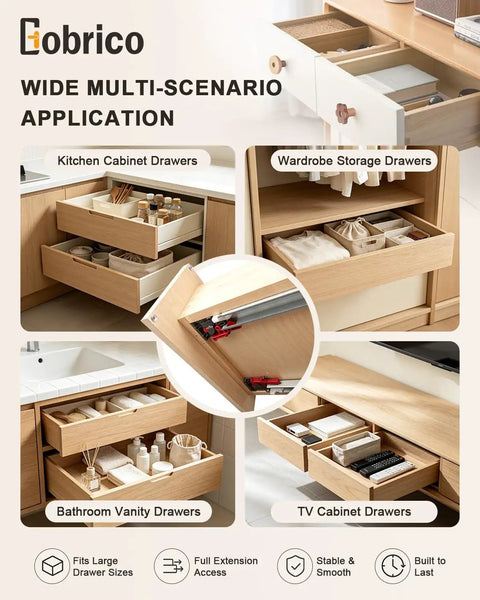 18 Inch Soft Close Undermount Drawer Slides 2 Pairs With Concealed Rear And Bottom Mount Rails Extension Smooth Glide For Easy Access Quiet Operation Cold Rolled Zinc Plated Steel Great For Face Frame Or Frameless Cabinets Includes Locking Screws installed on kitchen, wardrobe, bathroom, and TV cabinet drawers