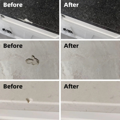 Before and after images using Tile And Granite Marble Fix It Kit For Porcelain Quartz And Other Stone Surfaces That Fix Chips Dents Cracks