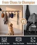 Premium Quality Top Tier Solid Wood Hockey Stick Wall Mounted Coat Rack Featuring Six Heavy Duty Hooks with hats and dog.