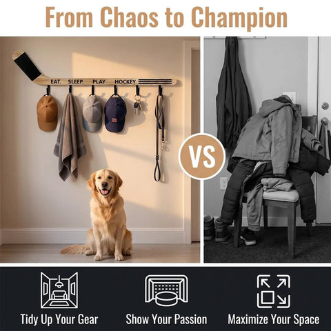 Premium Quality Top Tier Solid Wood Hockey Stick Wall Mounted Coat Rack Featuring Six Heavy Duty Hooks with hats and dog.