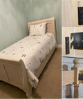 Heavy Duty Bed Frame Brackets Set Of Two With Screws Built Dang Strong Double Hook Headboard Connectors For Wooden Beds in use on a wooden bed.