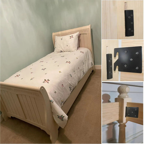 Heavy Duty Bed Frame Brackets Set Of Two With Screws Built Dang Strong Double Hook Headboard Connectors For Wooden Beds in use on a wooden bed.