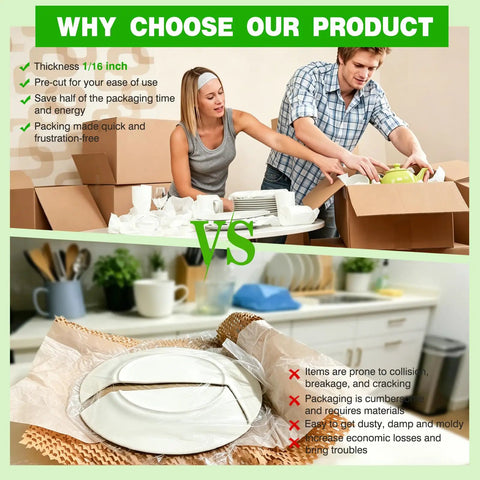Comparison of Ultra Thick Foam Sheets 110 Pack 12 By 12 Inch Flat Cushions for moving versus ineffective padding for fragile items.