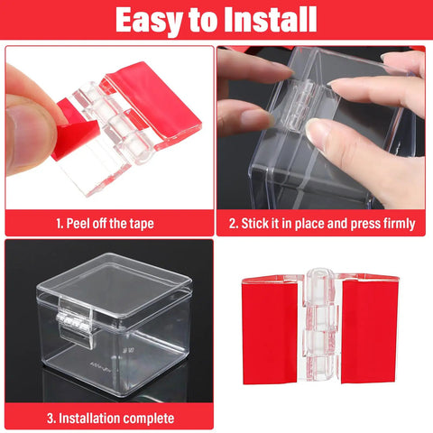 Self Adhesive Cabinet Hinges Set For Wooden Boxes And Small Furniture, showing easy installation steps for clear acrylic hinges.