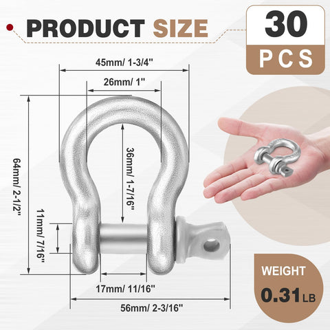 Thirty Pack Three Eighth Inch D Ring Shackles Galvanized Carbon Steel Screw Pin Anchor Shackles For Marine Mining Forestry 30 pcs Size
