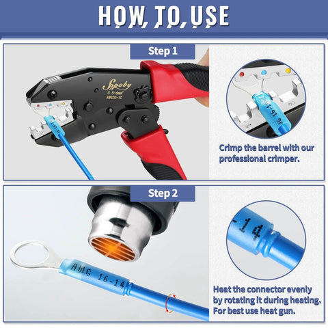 Pro Grade Crimping Tool For Heat Shrink Connectors Kit With 300 Marine Grade Heat Shrink Wire Connectors, Tinned Red Copper Die