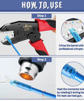 How to use Marine Grade Heat Shrink Ring Terminals Set, crimping and heating tinned red copper connectors for AWG 16-14.