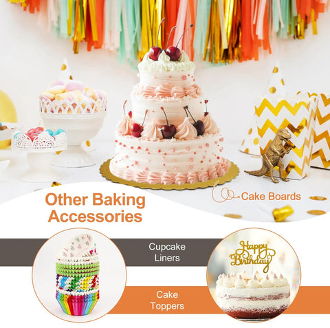 White and pink decorated cake with cherries, colorful cupcake liners, and cake toppers. 701 Piece Cake Decorating Kit With Baking Supplies