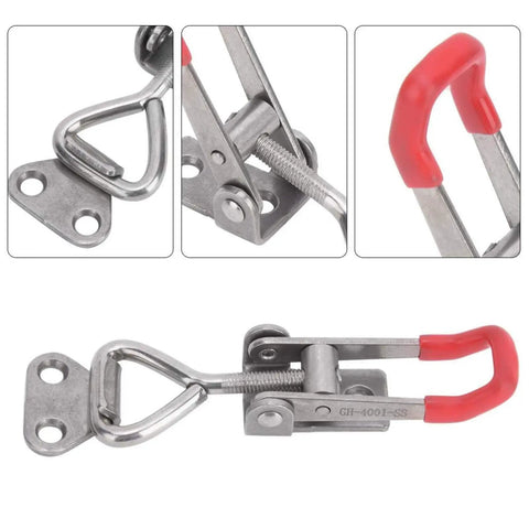 Two Pack Toggle Clamp Built from 304 Stainless Steel Heavy Duty Hold Down Quick Fixture Latch with Adjustable Buckle Tough as Nails Perfect for Woodworking Cabinets or Door Latching Projects, 304 stainless steel clamp with red handle