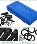 TOPPERFUN 8-piece 1/2-inch drive impact wrench sleeve kit in a blue plastic case with hex sockets and adapters.