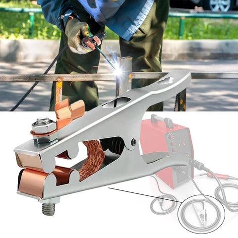 Heavy Duty Grounding Clamp For Welders With Ergonomic Handle And Secure Grip, showcasing solid steel build during welding.