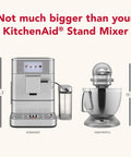 Sleek And Straight Up Fully Automatic Espresso Machine With Removable Bean Hopper One Touch Frothing System Forty Plus Barista Grade Cups Smooth Stainless Steel Housing For Daily Use alongside a KitchenAid Stand Mixer.
